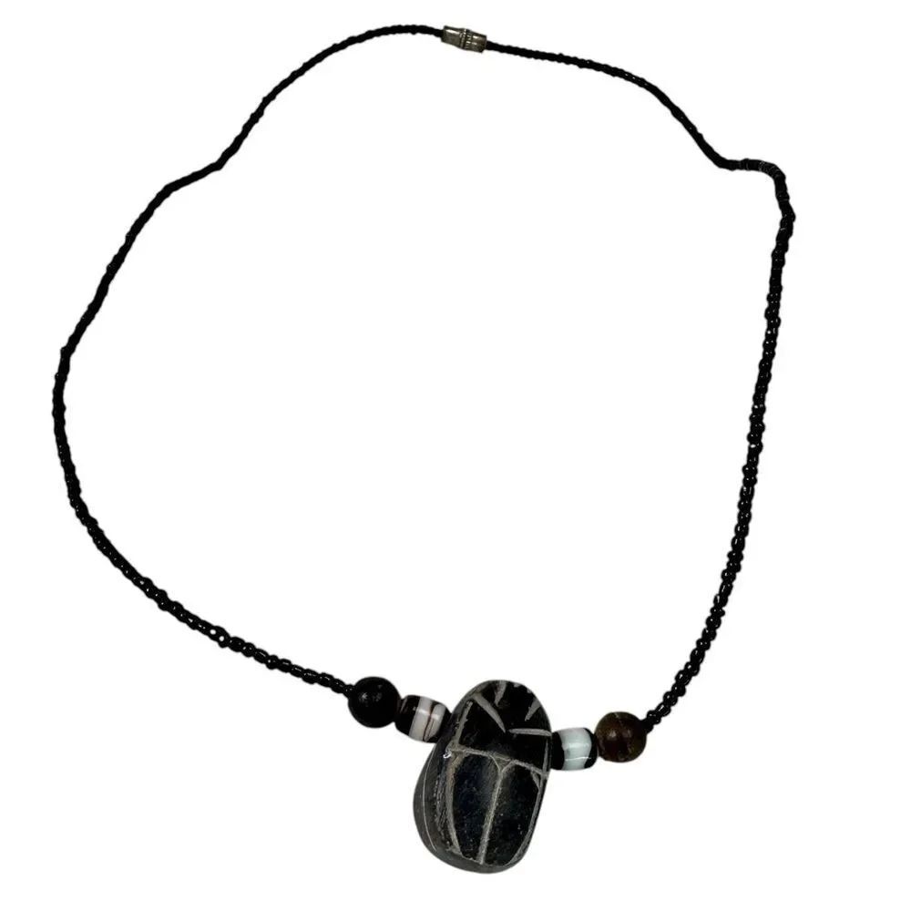 Vintage Egyptian Black Basalt Beetle Beaded Necklace